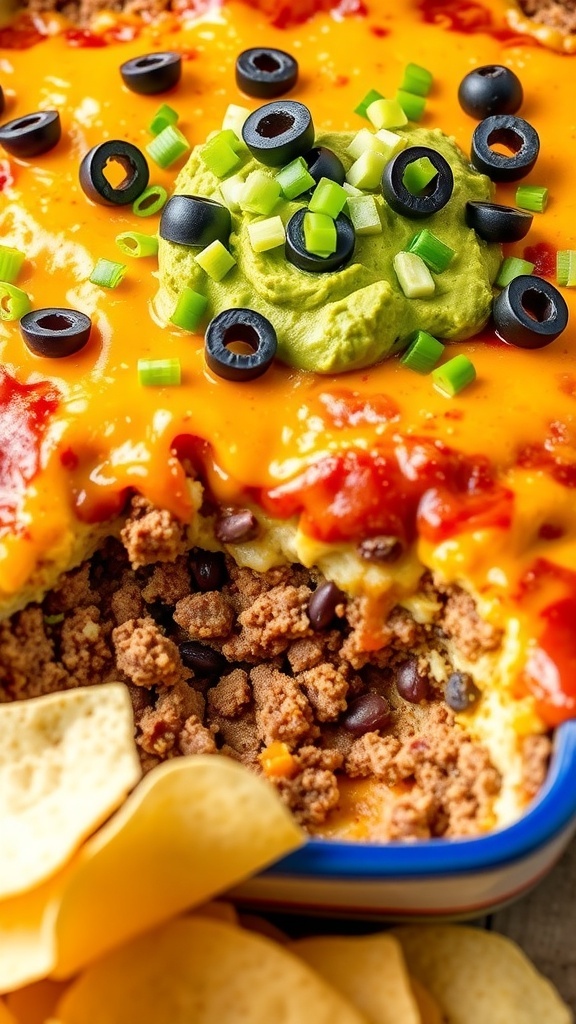 Baked 7 layer dip with ground beef, refried beans, guacamole, cheese, and olives, served with tortilla chips.